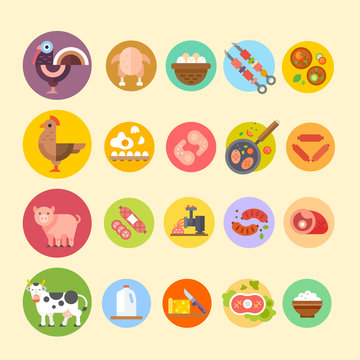 Farm animals and products made out of them: turkey, chicken, cow, pig, eggs, beefsteaks, sausages, milk, cheese, cottage cheese. Flat Vector illustration. Stock Vector.