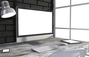 Fototapeta premium 3D illustration PC screen on table in office, Workspace