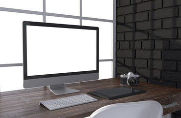 Fototapeta premium 3D illustration PC screen on table in office, Workspace