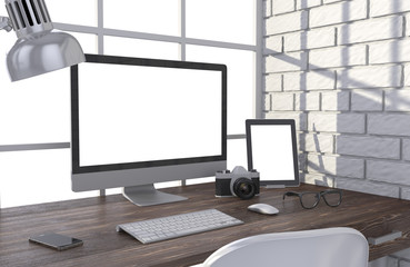 Fototapeta premium 3D illustration PC screen on table in office, Workspace