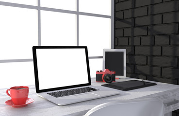3D illustration laptop and work stuff on table near brick wall