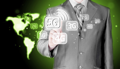 businessman holding in hand 5G, technology background