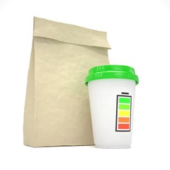 Coffee to go and lunch bag, on white.