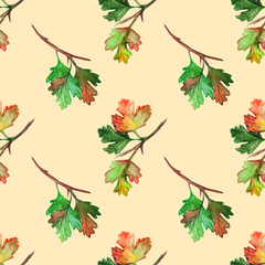 Watercolor green yellow orange red gooseberry leaf branch seamless pattern texture textile background
