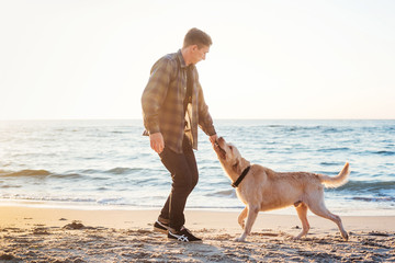 young caucasian male playing with labrador on beach during sunri