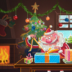 Interior scene of cartoon Santa Claus wrapping gifts for Xmas
