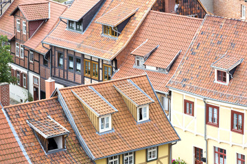 Dächer von Fachwerkhäusern in Quedlinbrug, Harz