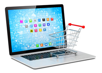 Shopping cart on laptop. 
