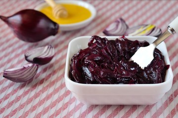 Homemade onion marmalade. Appetizer of red onion