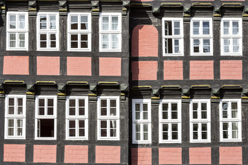Fassade eines historischen Fachwerkhauses in Quedlinbrug, Harz