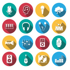 Fototapeta premium flat long shadow Music Icons set.