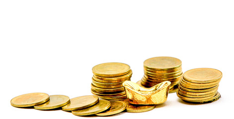 Gold and coins on the white background