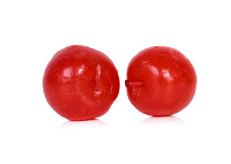 Maraschino cherries on white background