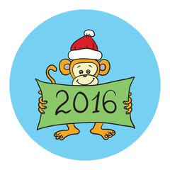 Monkey in a red cap holding a poster with congratulations. Happy