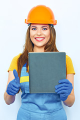 Engineer builder woman smile, hold business paper, show thumb.