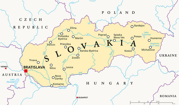 Slovakia political map with capital Bratislava, national borders, important cities, rivers and lakes. English labeling and scaling. Illustration.