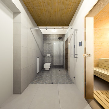 Minimalist bathroom with sauna 3d visualization
