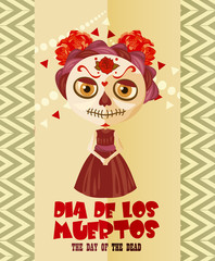 Day of the dead skull. Woman with calavera makeup. Dia de los muertos Text in Spanish.