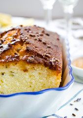 French cake with lavender flowers and lemon glaze