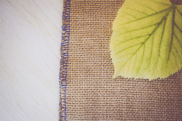 yellow lime leaf on a burlap and bright wood surface