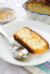 French cake with lavender flowers and lemon glaze