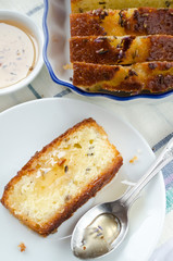 French cake with lavender flowers and lemon glaze