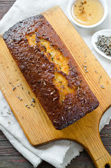French cake with lavender flowers and lemon glaze