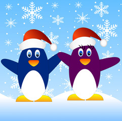 Two penguins on a blue background with snowflakes