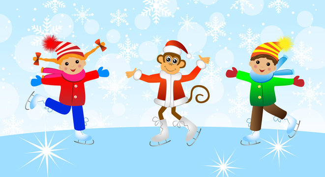 Cheerful children and the monkey on skates