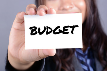 BUDGET word on the card shown by a businesswoman