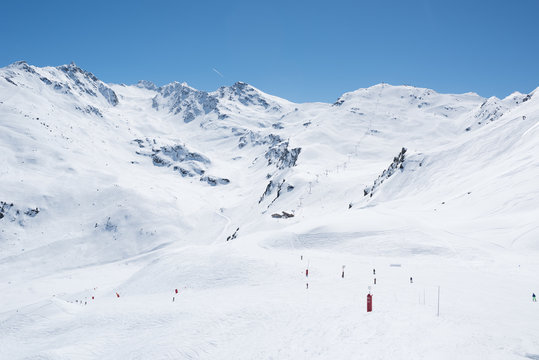 Snow covered mountains in the ski resort of Les Trois Vallees, Meribel, Albertville, France