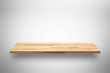 Empty wooden wall shelf on light gray background
