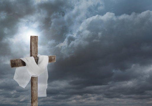 Cross with cloth on sky background - Powered by Adobe