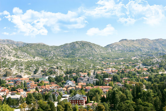 Cetinje, Montenegro. View to the city center from mausoleum of bishop Danilo. City view. Town view. Mountain view.
