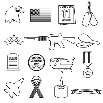 american veterans day celebration outline icons set eps10