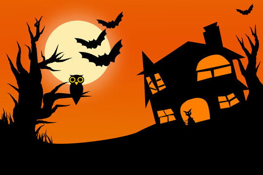 Illustration of horror halloween night with twilight sky full moon owl on tree and cat in castle