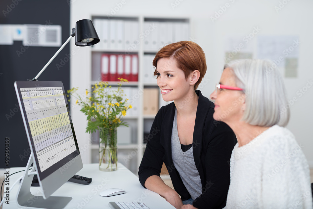 Poster zwei frauen im büro schauen gemeinsam auf den pc