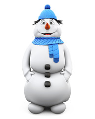 Cheerful snowman in blue hat and scarf. 3d.