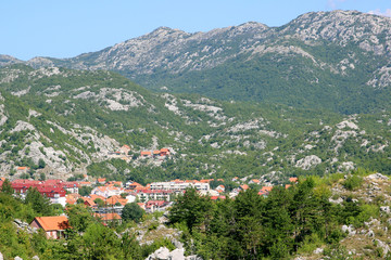 Fototapeta na wymiar Cetinje, Montenegro. View to the city center from mausoleum of bishop Danilo. City view. Town view. Mountain view.