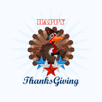 Happy Thanksgiving, message and cartoon turkey wearing a farmer hat and bow-tie; Holidays, layout, template with Thanksgiving turkey and blue, white and red stars, large space for text
