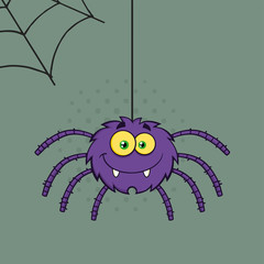 Smiling Purple Halloween Spider Cartoon Character On A Web With Text