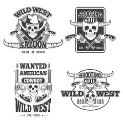 Set of vintage cowboy emblems, labels, badges, logos and designed elements. Wild West theme. Monochrome style