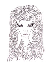 Beautiful woman with waving hair.Graphic style.Drawn black pen.
