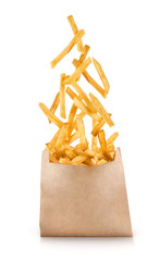 Fastfood. Flying fried potatoes on white background.