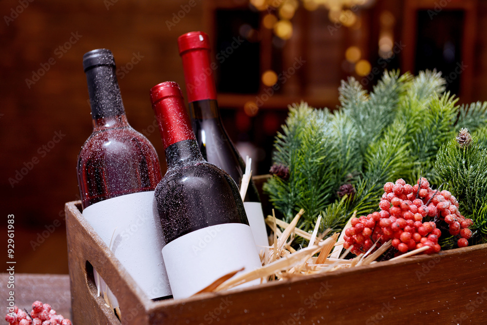 Canvas Prints wine bottles in decorated box on unfocused background