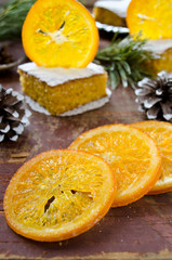 Orange cake with caramelized oranges, christmas decoration