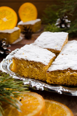 Orange cake with caramelized oranges, christmas decoration