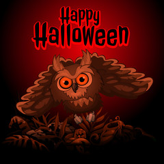 Owl on a red background with text Happy Halloween