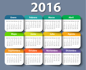 Calendar 2016 year vector design template in Spanish.