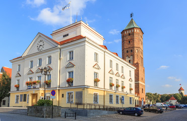 The old town of Pultusk on the Narew - a view of the market and the renaissance town hall ( XVI century) with the gothic tower